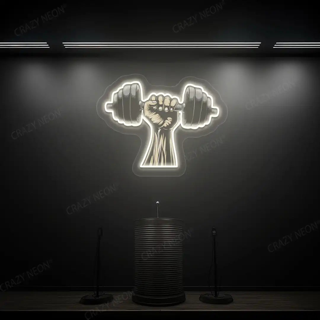 warm white hand lifting dumbbell gym neon artwork mounted on a wall