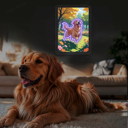 Golden Retriever Garden Portrait Neon Artwork in Purple color