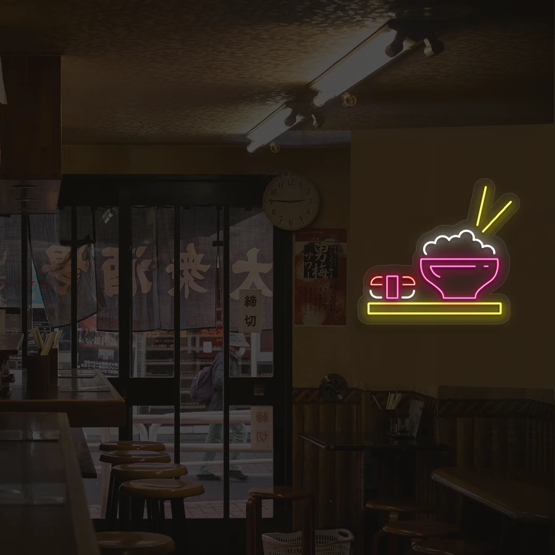 pink and multi color sushi and rice bowl neon sign mounted on a wall