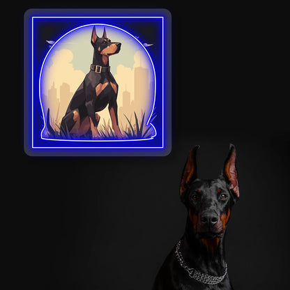 City Sentinel Doberman Neon Artwork in blue Color