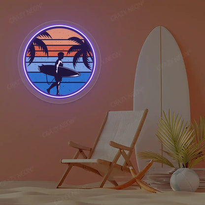 purple surfer silhouette tropical sunset neon artwork mounted on a wall
