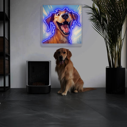 Goofy Smile Golden Retriever Neon Artwork in Blue color
