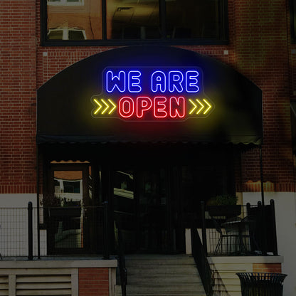 We Are Open Multicolor Sign with Horizontal Arrow