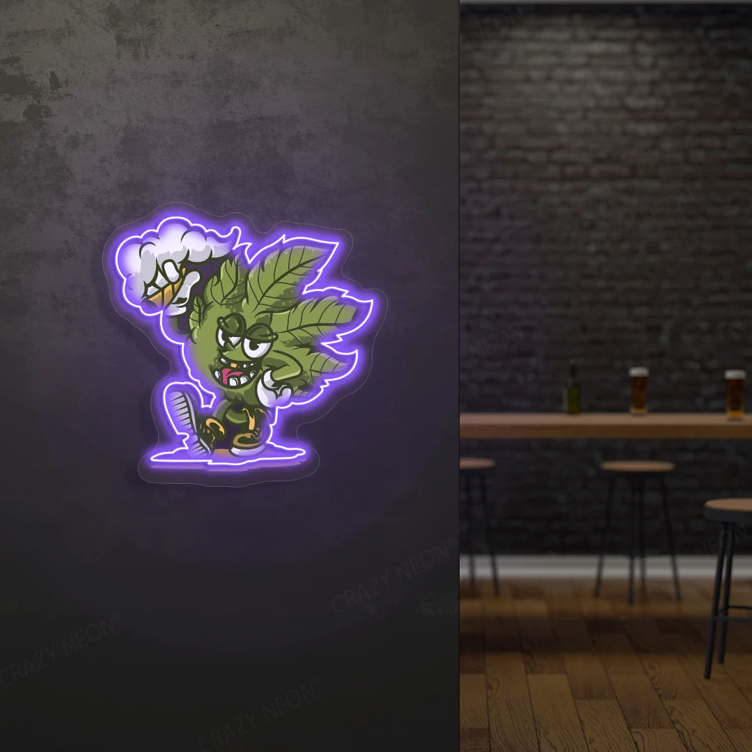 Cool Weed Leaf Character Neon Artwork in purple color