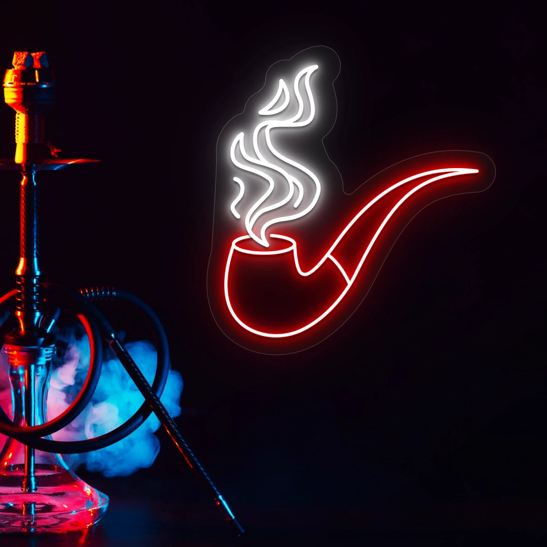 red and white retro smoke and pipe vintage neon sign mounted on a wall
