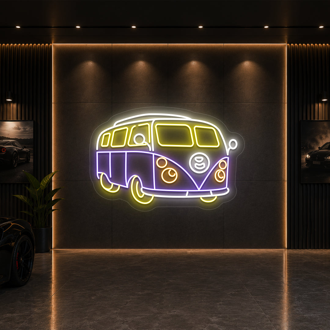 yellow purple and white camper van vintage neon sign mounted on a wall
