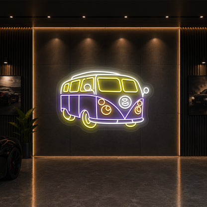 yellow purple and white camper van vintage neon sign mounted on a wall