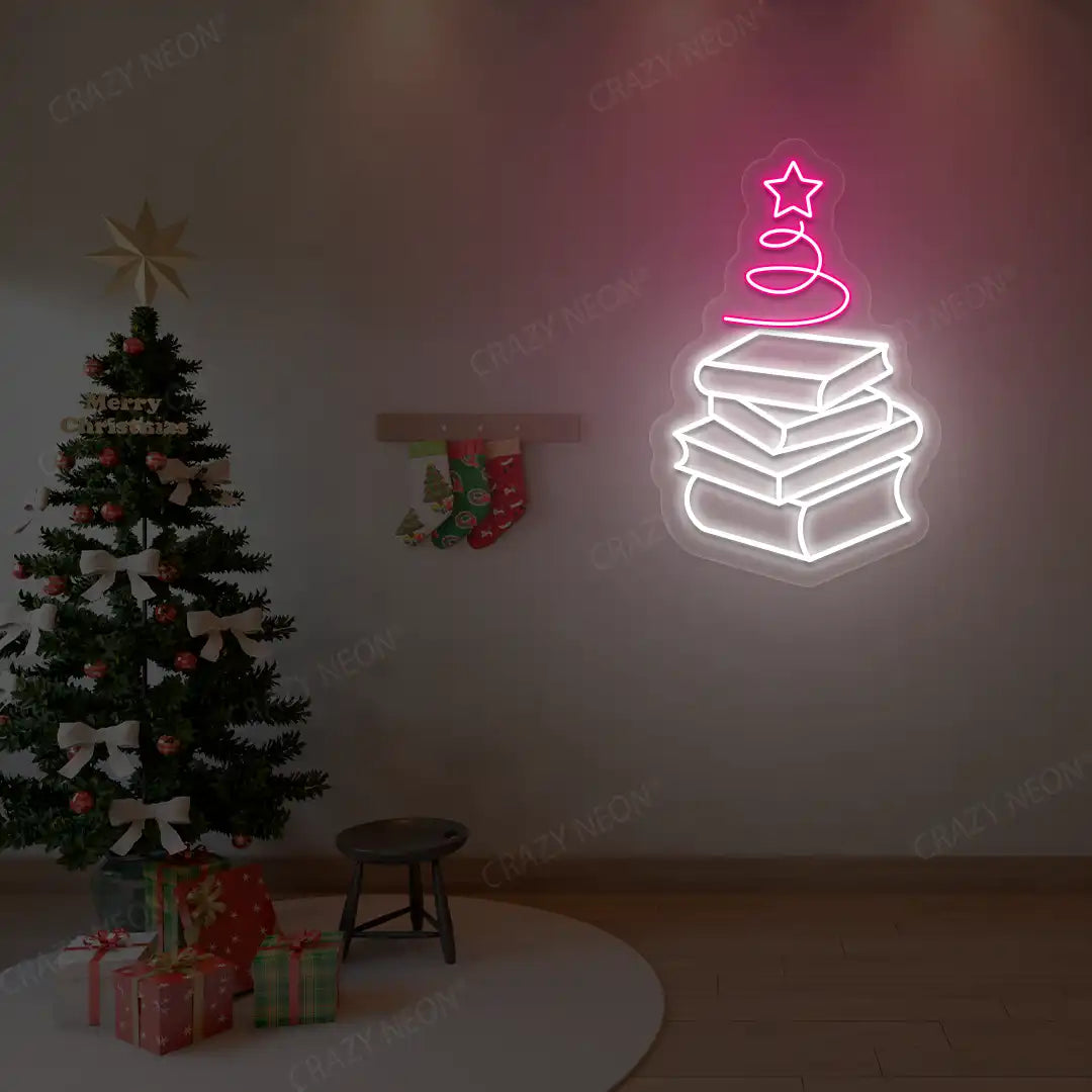 Stacked Books Christmas Tree Neon Sign | Pink