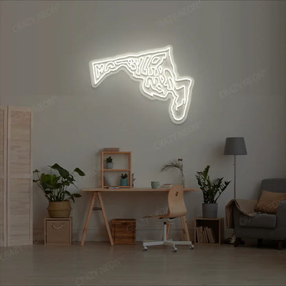 MARYLAND Map Neon Sign lighting up in warmwhite color in a room