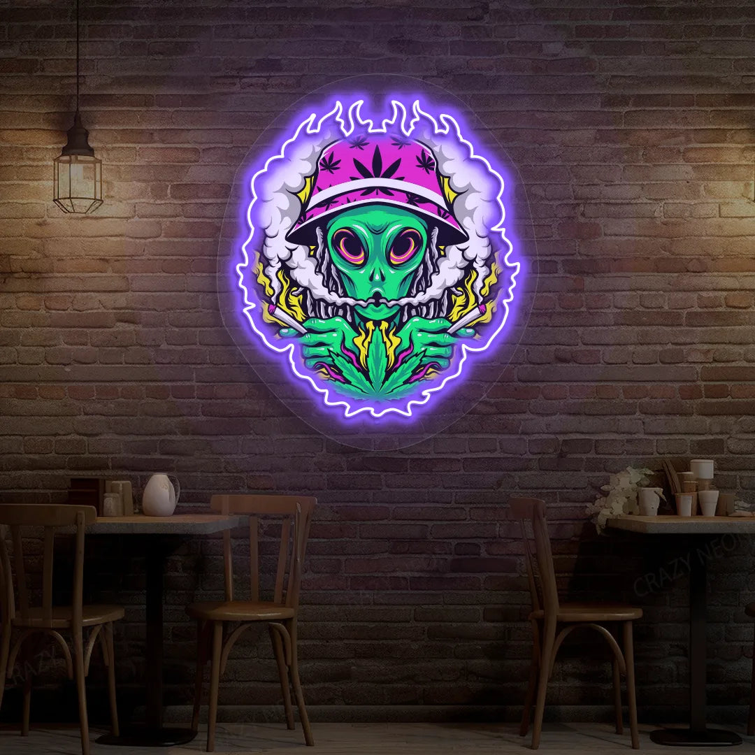 Alien Smoking Weed Neon Artwork in Purple color