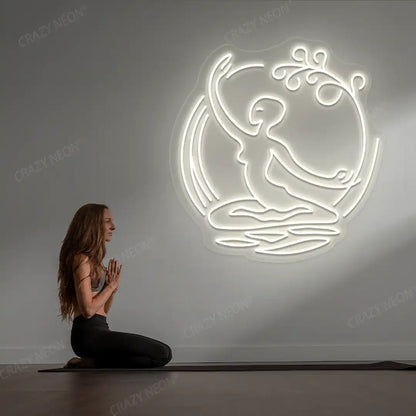 Chi Flow meditation Neon Sign lighting up in warmwhite color in a yoga room