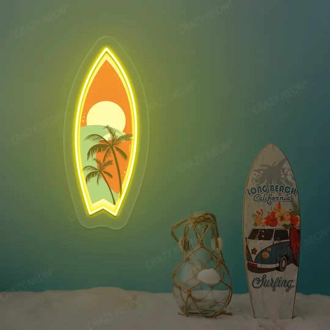 yellow tropical surfboard neon artwork mounted on a wall