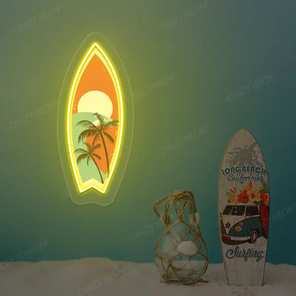 yellow tropical surfboard neon artwork mounted on a wall