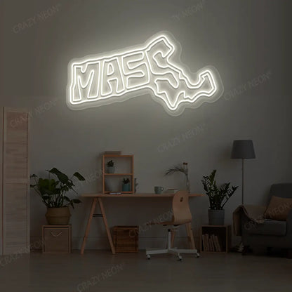 MASSACHUSETTS Map Neon Sign lighting up in warmwhite color in a room