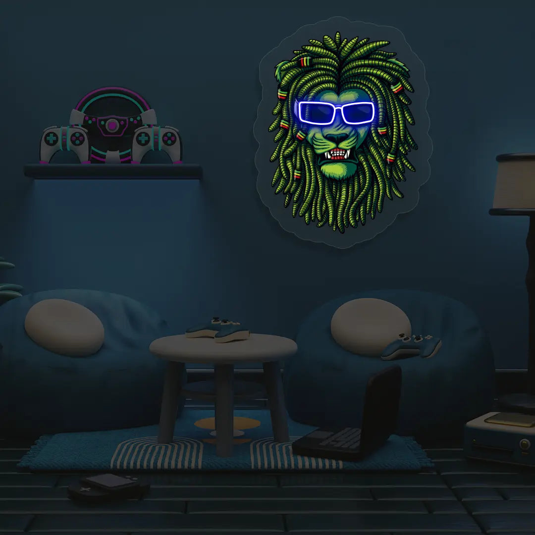 Lion Green Dreadlocks Neon Artwork in Blue color