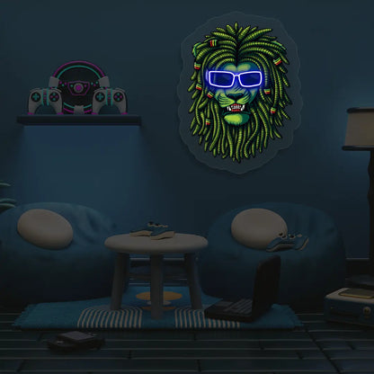 Lion Green Dreadlocks Neon Artwork in Blue color