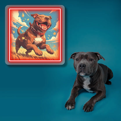 Happy Staffordshire Bull Terrier Portrait Neon Artwork in Red Color