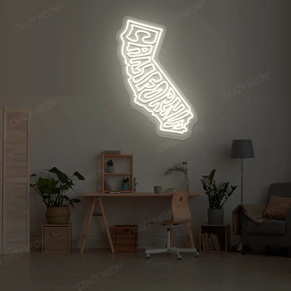CALIFORNIA Map Neon Sign lighting up in warmwhite color in a room