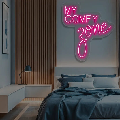 pink my comfy zone neon sign mounted on a wall