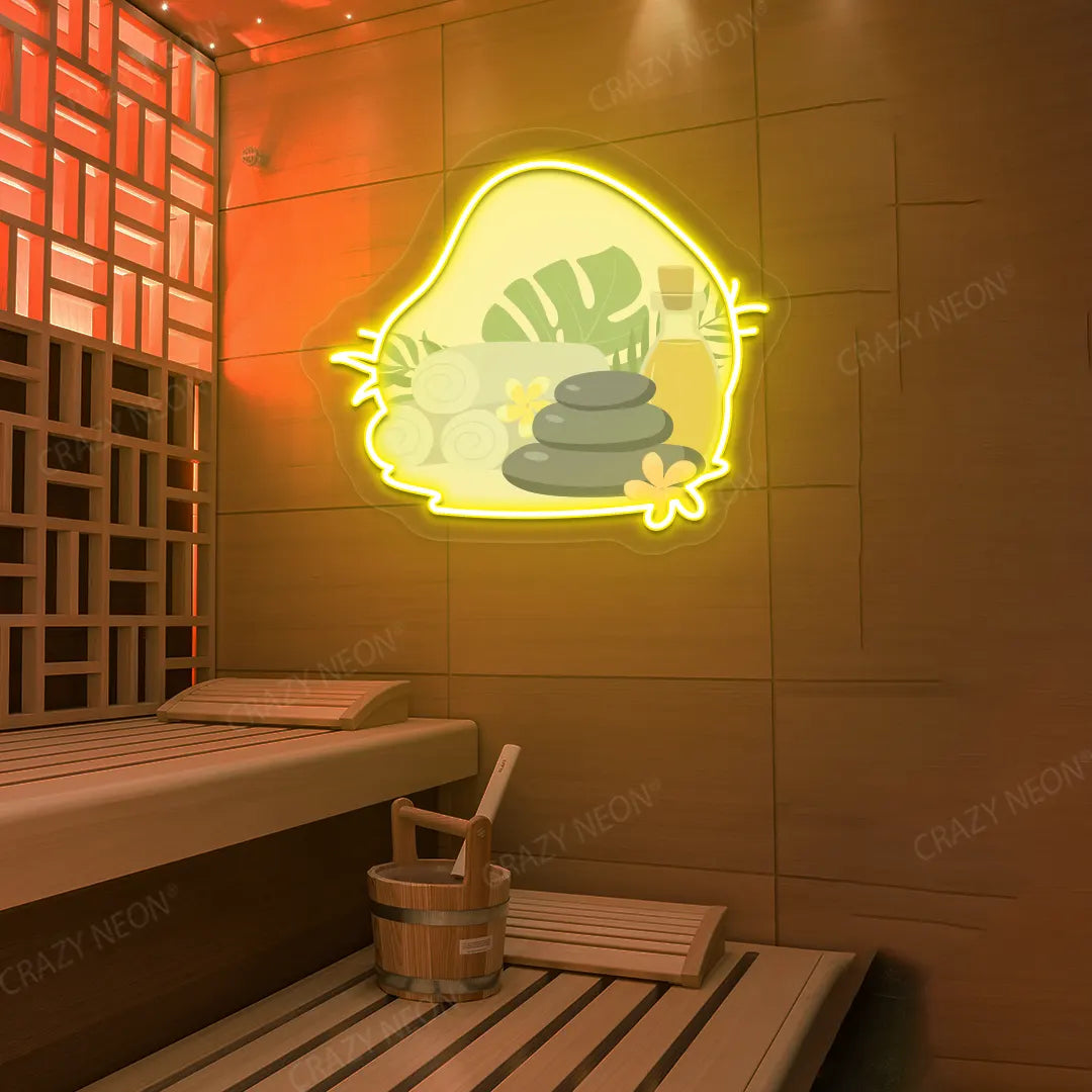 Spa Stones & Serenity Neon Artwork lighting up in yellow color on a wooden wall