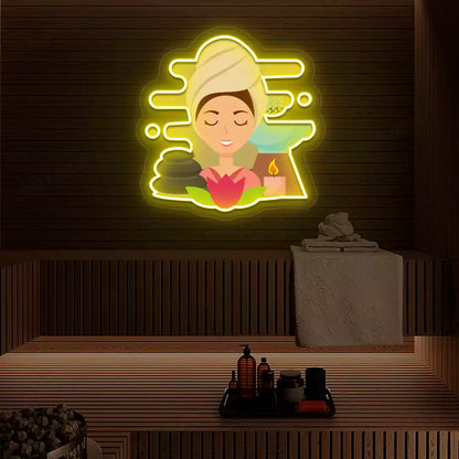 Steam Wellness Neon Artwork lighting up in yellow color on a wooden spa wall