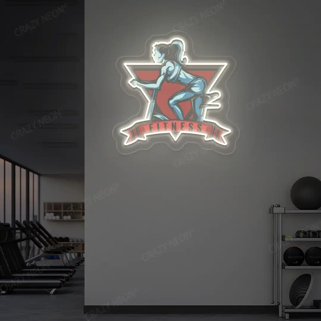 warm white girl spinning fitness neon artwork mounted on a wall