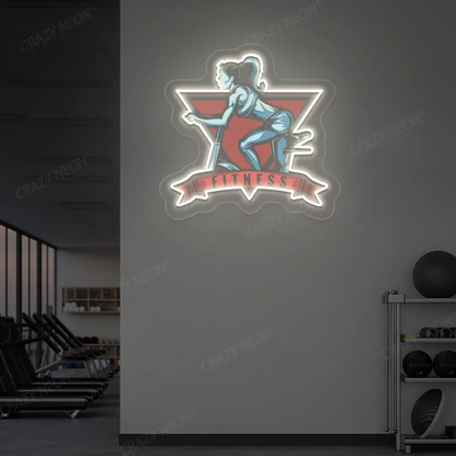 warm white girl spinning fitness neon artwork mounted on a wall