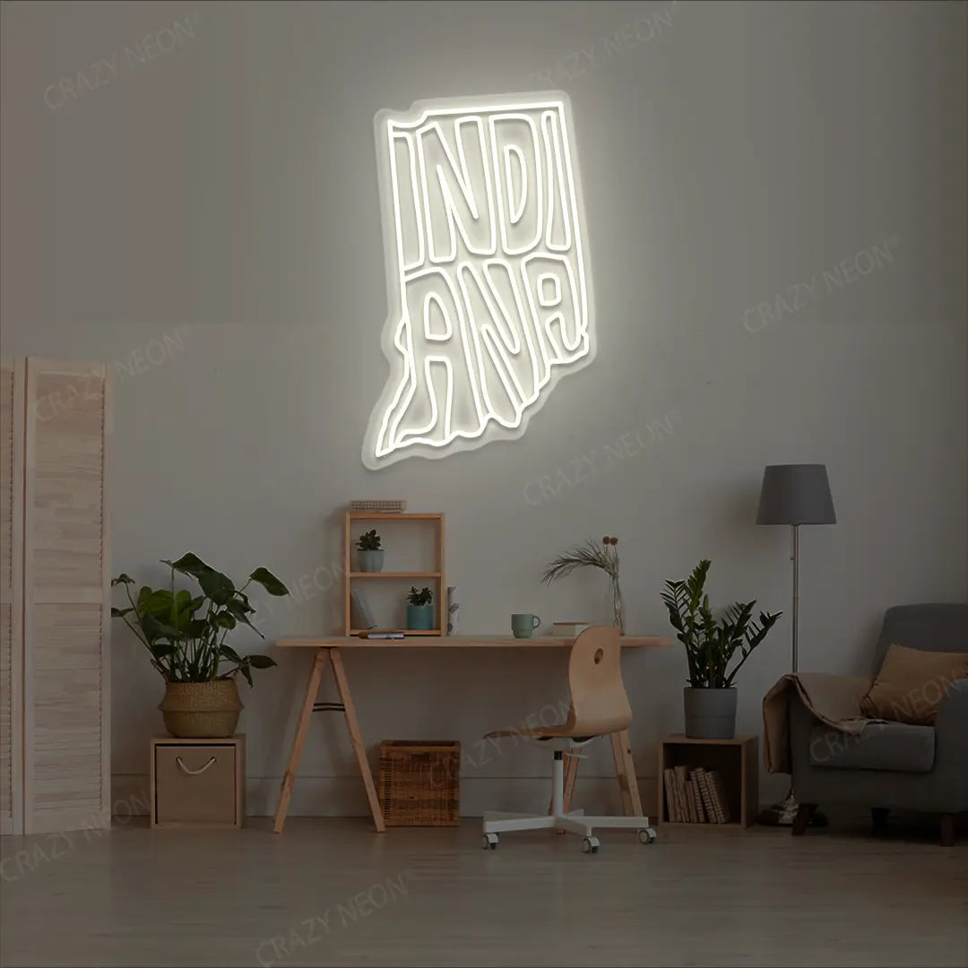 INDIANA Map Neon Sign lighting up in warmwhite color in a room