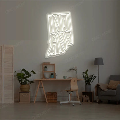 INDIANA Map Neon Sign lighting up in warmwhite color in a room