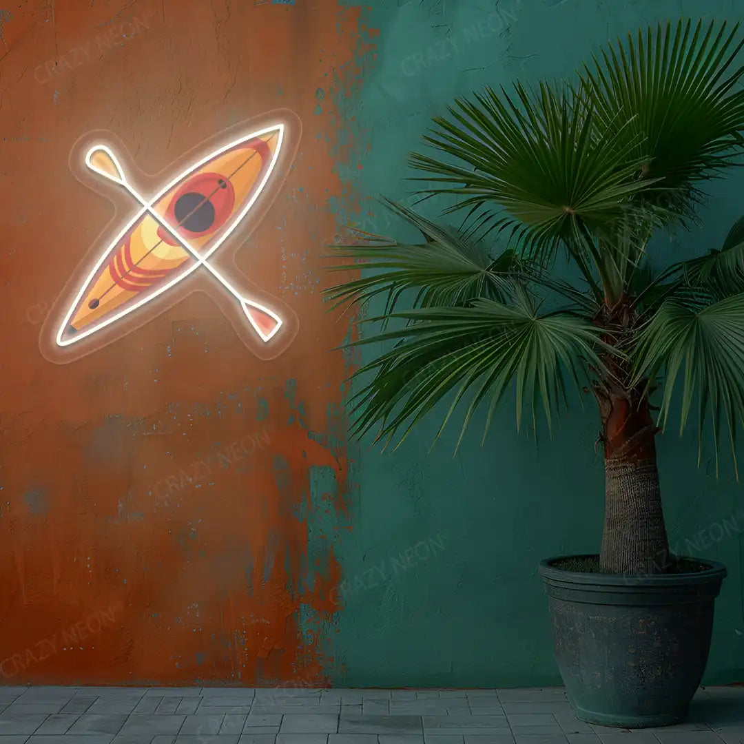 warm white kayak boat neon artwork mounted on a wall