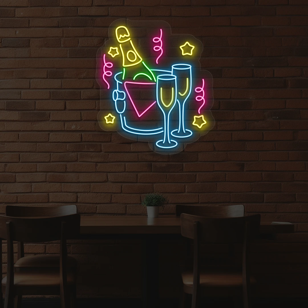 ice blue and multi color wine in ice bucket neon sign mounted on a wall