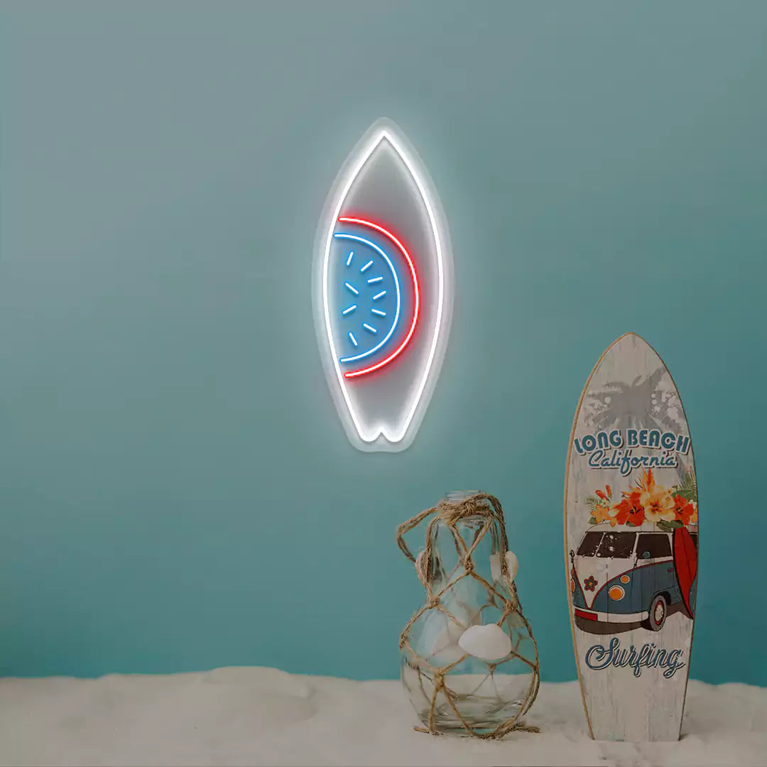ice blue red and white watermelon surfboard neon sign mounted on a wall