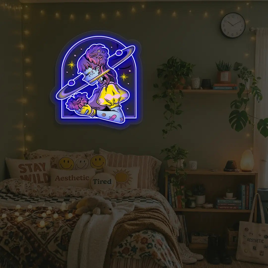 Galactic Girl Neon Artwork in blue color
