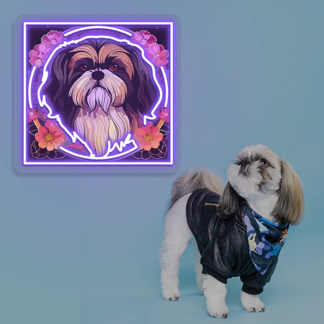 Floral Halo Shih Tzu Portrait Neon Artwork in purple color