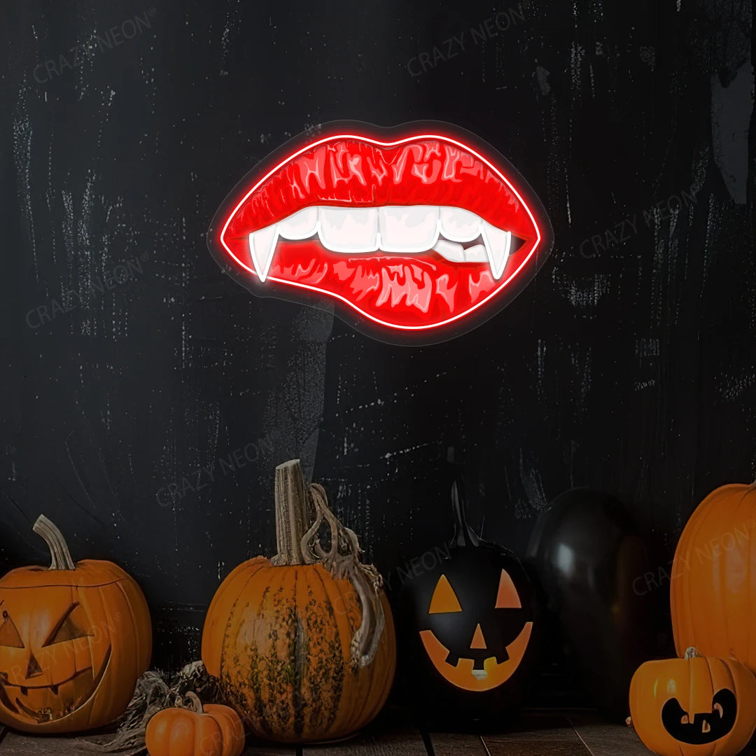 Vampire Red Lips Neon Artwork | White