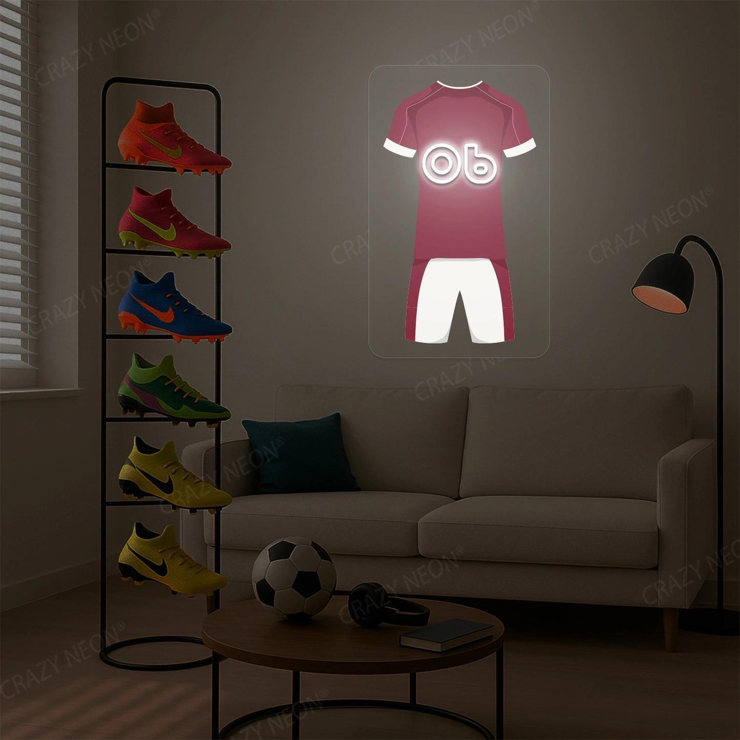 Claret football jersey neon artwork with number 06 glowing on a beige wall