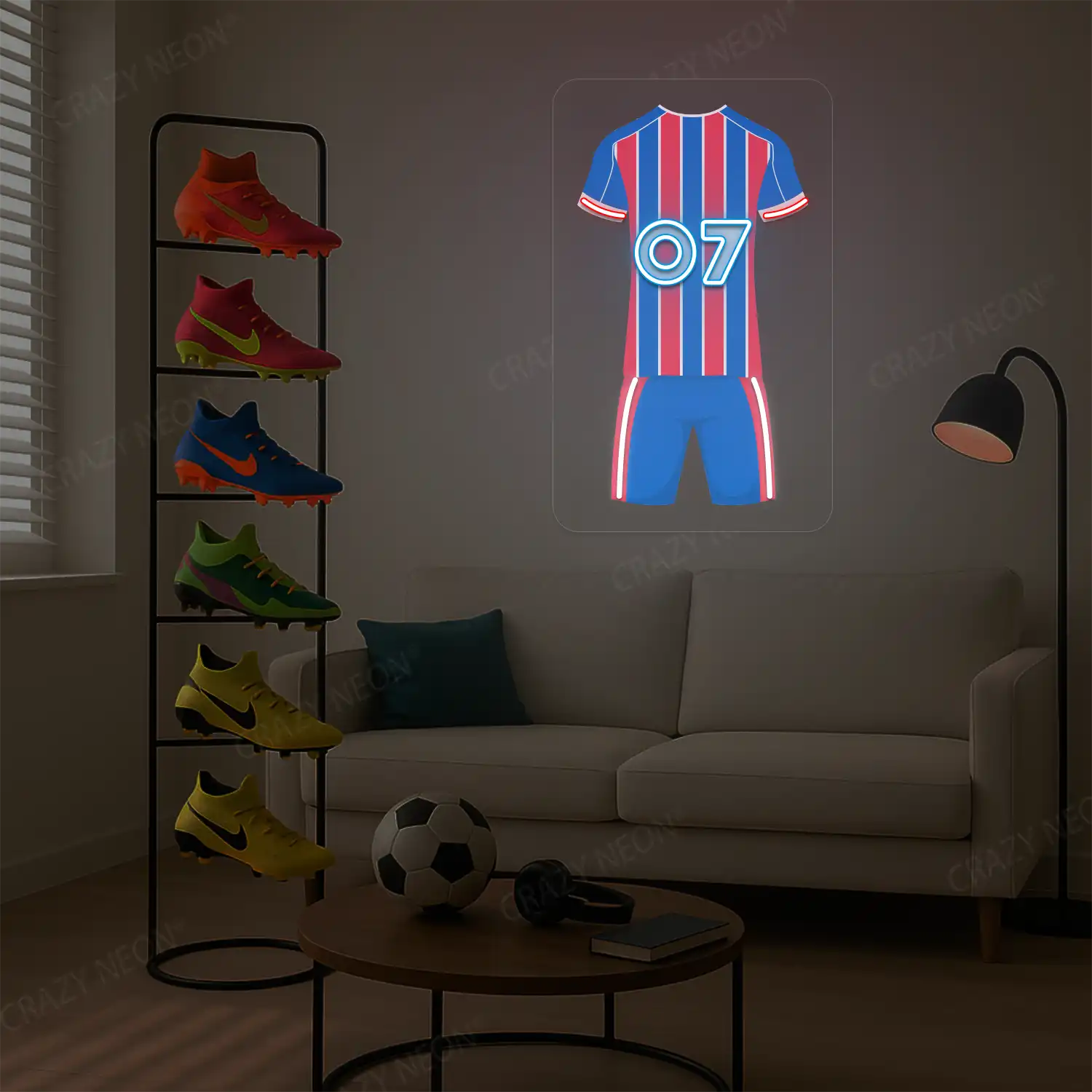 Red and blue striped football jersey neon artwork with number 07 glowing on a beige wall