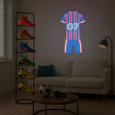 Red and blue striped football jersey neon artwork with number 07 glowing on a beige wall