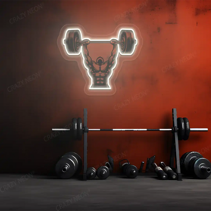 warm white barbell overhead press gym neon artwork mounted on a wall 