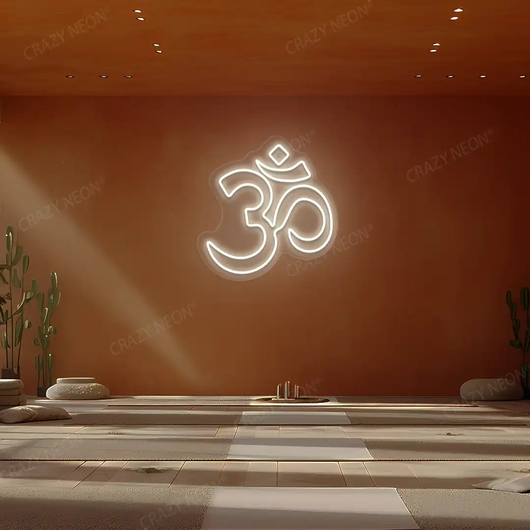 Om Symbol Neon Sign lighting up in warmwhite color in a yoga room
