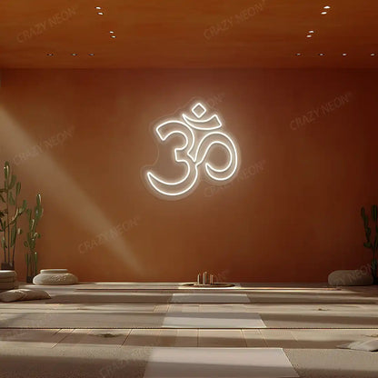 Om Symbol Neon Sign lighting up in warmwhite color in a yoga room