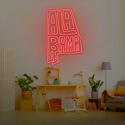 ALABAMA Map Neon Sign lighting up in red color in a room