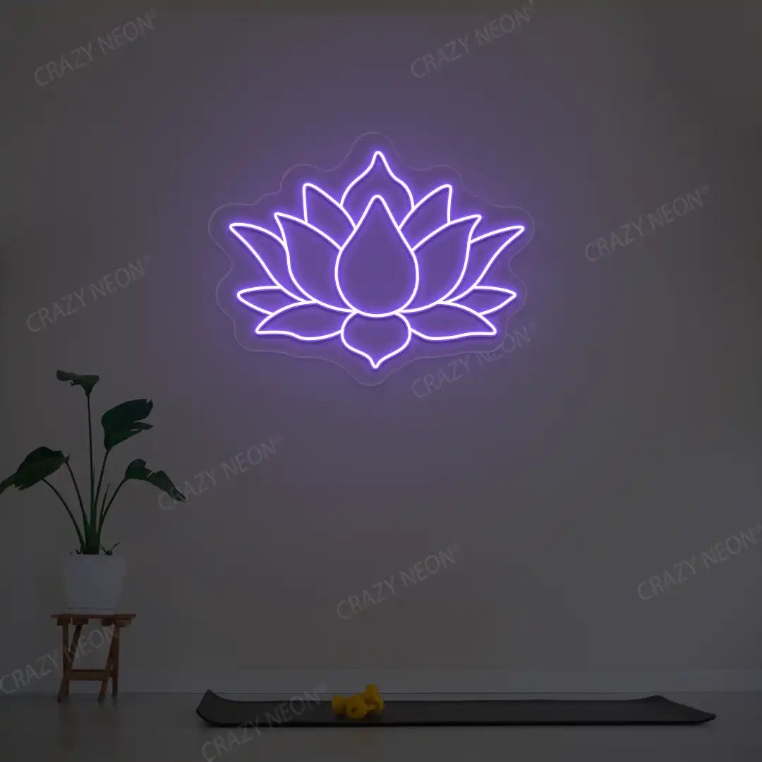 Lotus Flower Neon Sign lighting up in purple color in a yoga room