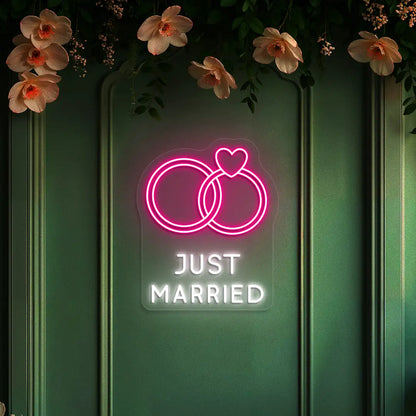 Just Married Rings Wedding Neon Sign in Pink color