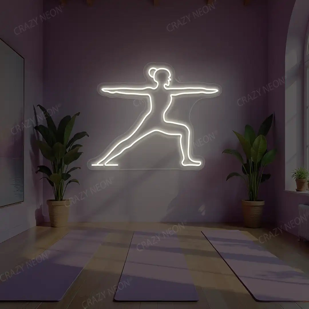 Virabhadrasana II Yoga Neon Sign lighting up in warm white color in a yoga room