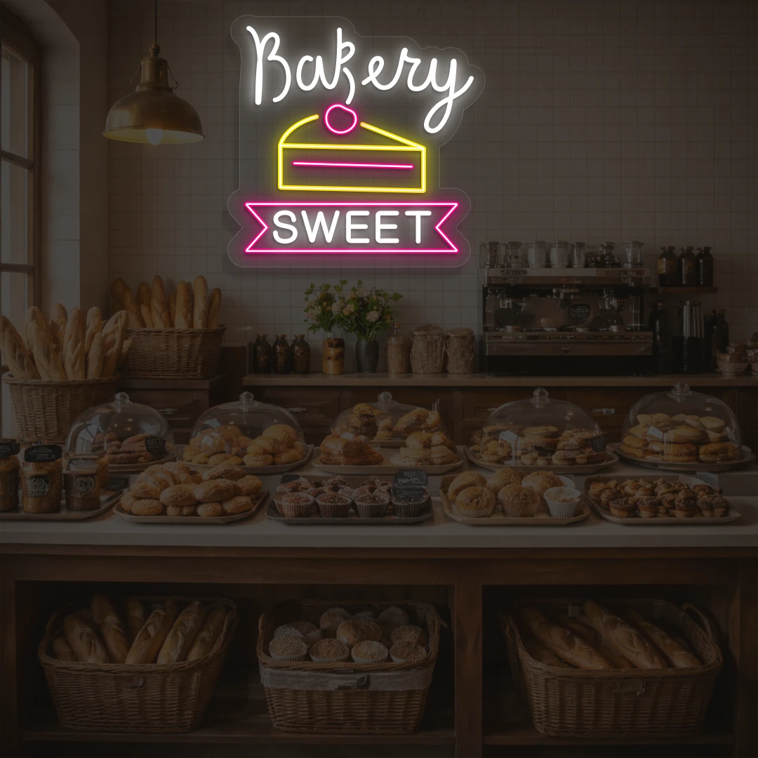 white yellow and pink bakery sweet neon sign mounted on a wall