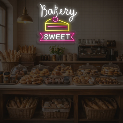 white yellow and pink bakery sweet neon sign mounted on a wall