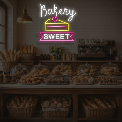 white yellow and pink bakery sweet neon sign mounted on a wall