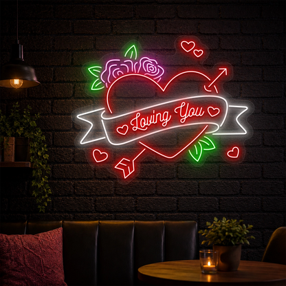 Loving You Rose Heart Arrow Neon Sign in Red color
