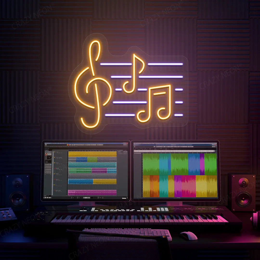 Music Notes Neon Sign In Orange and Purple Colour mounted on Wall